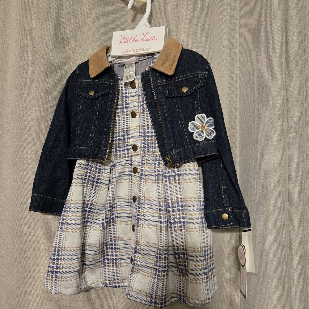 Little Lass Dark Blue Denim Jacket with Plaid Dress Set